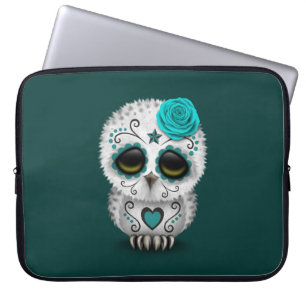 Cute Teal Day of the Dead Sugar Skull Owl Laptop Sleeve