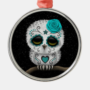 Cute Teal Day of the Dead Sugar Skull Owl Stars Metal Tree Decoration