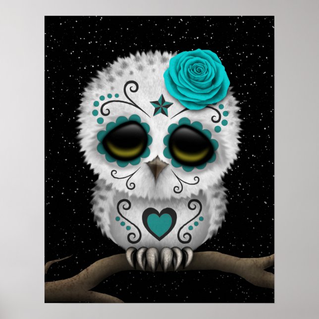 Cute Teal Day of the Dead Sugar Skull Owl Stars Poster (Front)