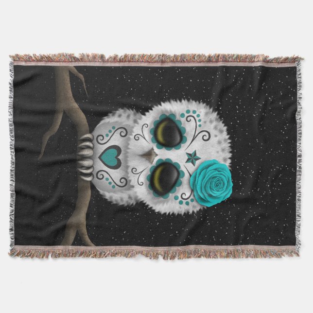 Cute Teal Day of the Dead Sugar Skull Owl Stars Throw Blanket (Front)