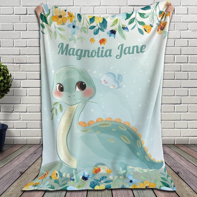 Cute Teal Dinosaur Blanket with Blush Flowers (Creator Uploaded)