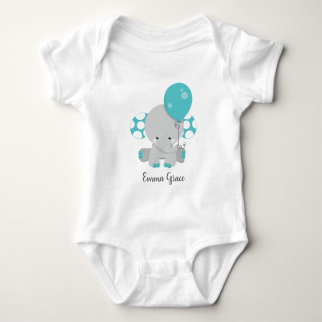 Cute Teal Elephant Baby Girl Monogram Tutu Bodysuit (Front)