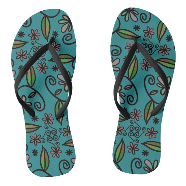 Cute Teal Floral Pattern Jandals (Footbed)