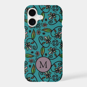 Cute Teal Floral Pattern Monogram