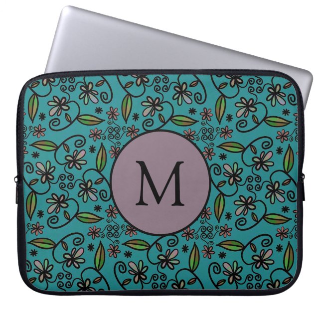 Cute Teal Floral Pattern Monogram Laptop Sleeve (Front)