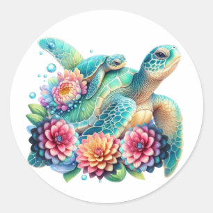 Cute Teal Floral Sea Turtle  Classic Round Sticker