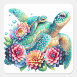Cute Teal Floral Sea Turtle  Square Sticker