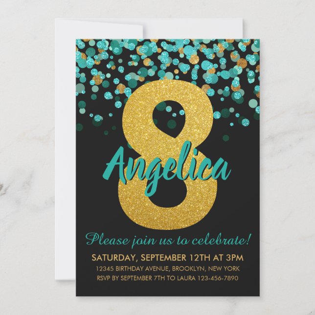 Cute Teal Gold Glitter Black Confetti 8th Birthday Invitation (Front)