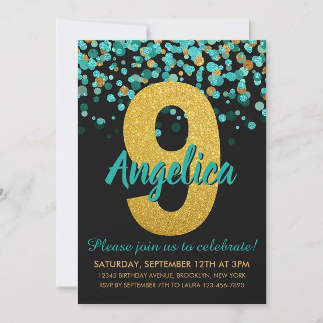 Cute Teal Gold Glitter Black Confetti 9th Birthday Invitation (Front)