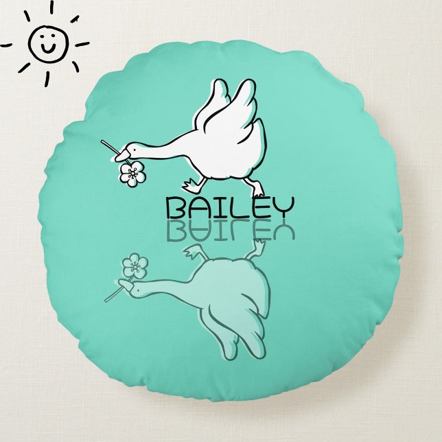 Cute Teal Goose Reflection Doodle Custom Name Round Cushion (Creator Uploaded)