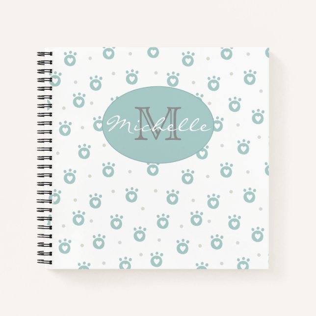 Cute Teal Green Cat Paws with Hearts | Monogram Notebook (Front)