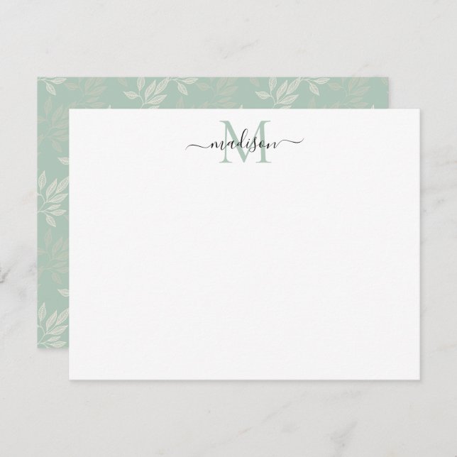 Cute Teal Green Floral Leaves Monogram Script Name Card (Front/Back)
