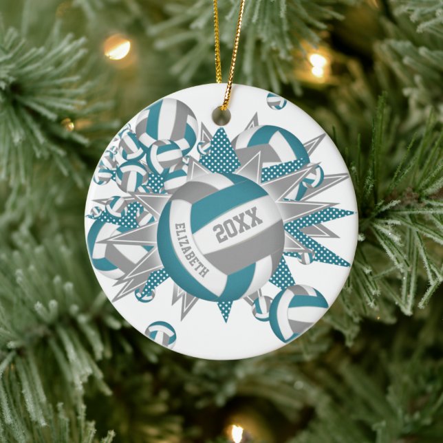 cute teal grey volleyball blowout girls sports ceramic tree decoration (Tree)
