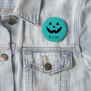 Cute teal Jack o lantern custom name Halloween 6 Cm Round Badge