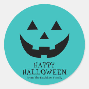 Cute teal Jack o lantern custom text Halloween Classic Round Sticker