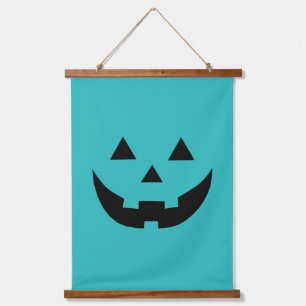 Cute teal Jack o lantern pumpkin face Halloween Hanging Tapestry