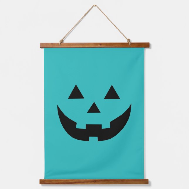 Cute teal Jack o lantern pumpkin face Halloween Hanging Tapestry (Front)