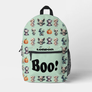 Cute Teal Kids Crochet Halloween Monsters Name Printed Backpack