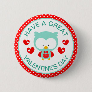 Cute Teal Owl and Hearts Valentine's Day 6 Cm Round Badge