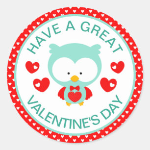 Cute Teal Owl and Hearts Valentine's Day Classic Round Sticker