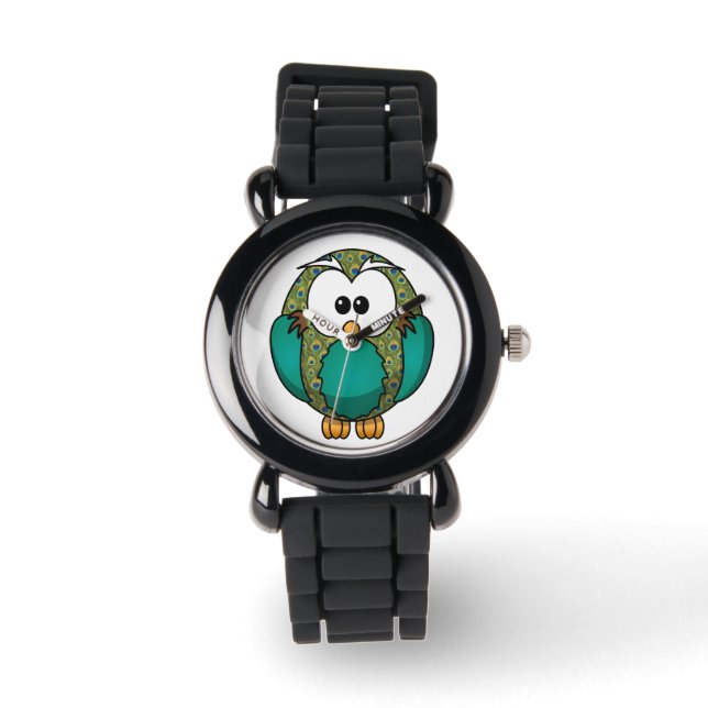 Cute Teal Peacock Pattern  Owl Watch (Front)