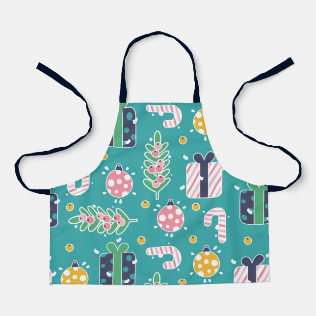Cute Teal Pink and Yellow Christmas Items Apron (Front)