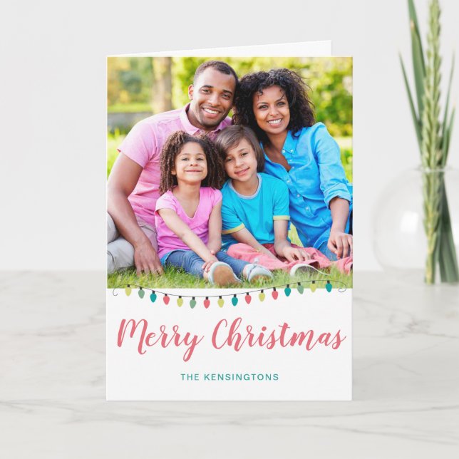 Cute Teal Pink Christmas Lights Holiday Photo Card (Front)