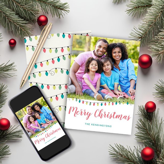 Cute Teal Pink Christmas Lights Holiday Photo Card (Cute Teal Pink Christmas Lights Holiday Photo Christmas Card)