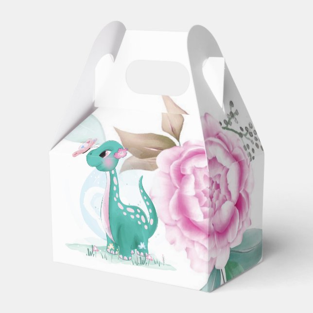 Cute Teal Pink Dinosaur Butterfly Girl Baby Shower Favour Box (Front Side)