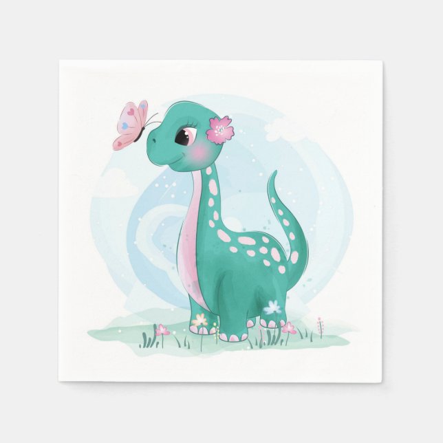 Cute Teal Pink Dinosaur Butterfly Girl Baby Shower Napkin (Front)