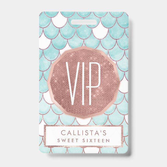 Cute Teal Pink Glitter Watercolor Mermaid Scales ID Badge (Front)
