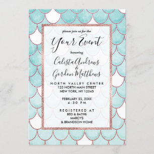 Cute Teal Pink Glitter Watercolor Mermaid Scales Invitation