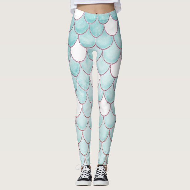 Cute Teal Pink Glitter Watercolor Mermaid Scales Leggings (Front)