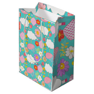Cute Teal Pink Purple Cartoon Floral Garden Theme Medium Gift Bag
