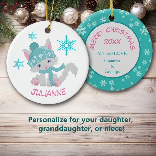 Cute Teal Snowflake Kitten Ceramic Tree Decoration (Creator Uploaded)