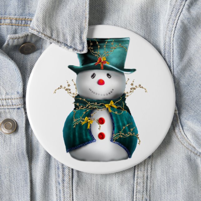 Cute Teal Snowman Christmas Button (In Situ)