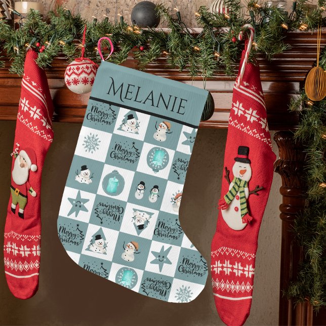 Cute Teal Snowman Large Christmas Stocking (Creator Uploaded)