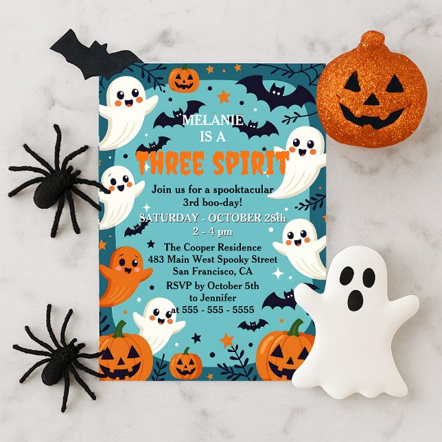 Cute Teal Spooky Ghost Three Spirit 3rd Birthday Invitation (Creator Uploaded)