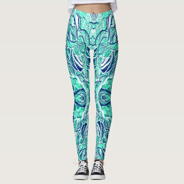 Cute teal textured "Ratti_Creative_Arts"  Leggings (Front)