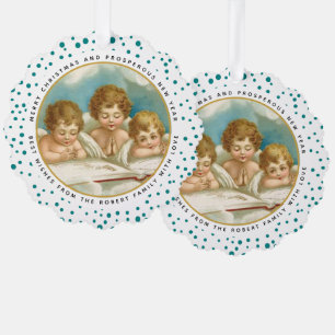 Cute teal three vintage angels Christmas holiday  Tree Decoration Card