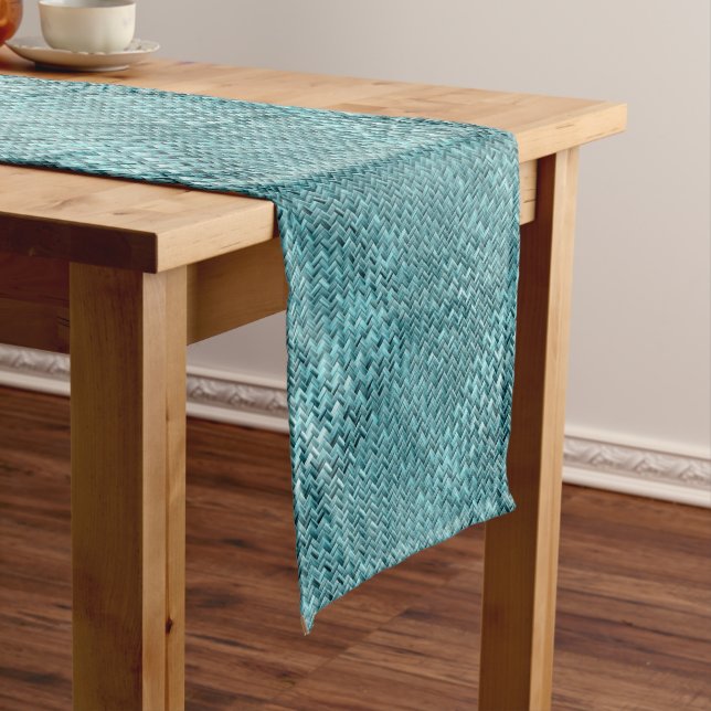 Cute Teal Turquoise Blue Faux Rattan Weave Pattern Short Table Runner (In Situ)