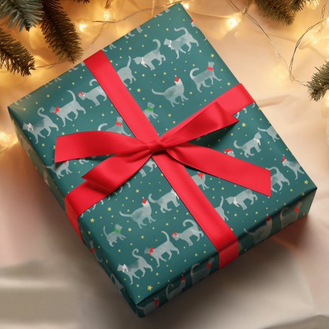 Cute Teal Watercolor Cats in Santa Hats Wrapping Paper (Creator Uploaded)
