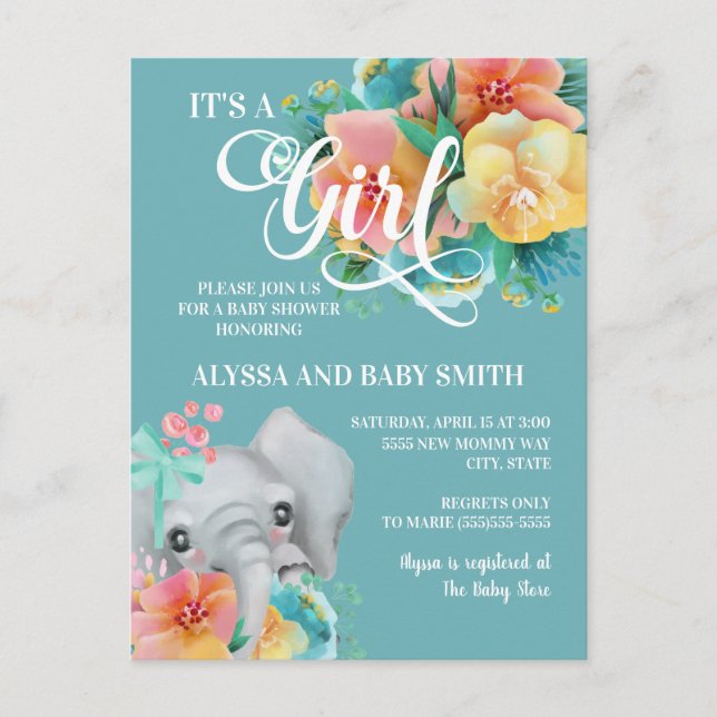 Cute Teal Yellow Pink Elephant Baby Shower Postcard (Front)