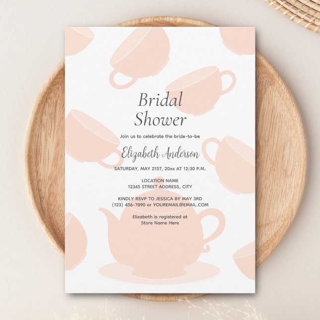 Cute Teapot and Teacups Rustic Pink Bridal Shower Invitation (Creator Uploaded)