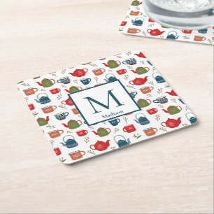 Cute Teapots Mugs Berries Monogram Christmas Squar Square Paper Coaster