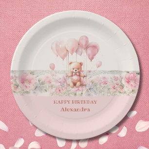 Cute Teddy and Balloons Pink Baby Girl Birthday Paper Plate