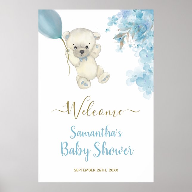 Cute Teddy Baby Shower Boy Watercolor Welcome Sign (Front)