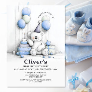 Cute Teddy Bear 1st Birthday Party Invitation