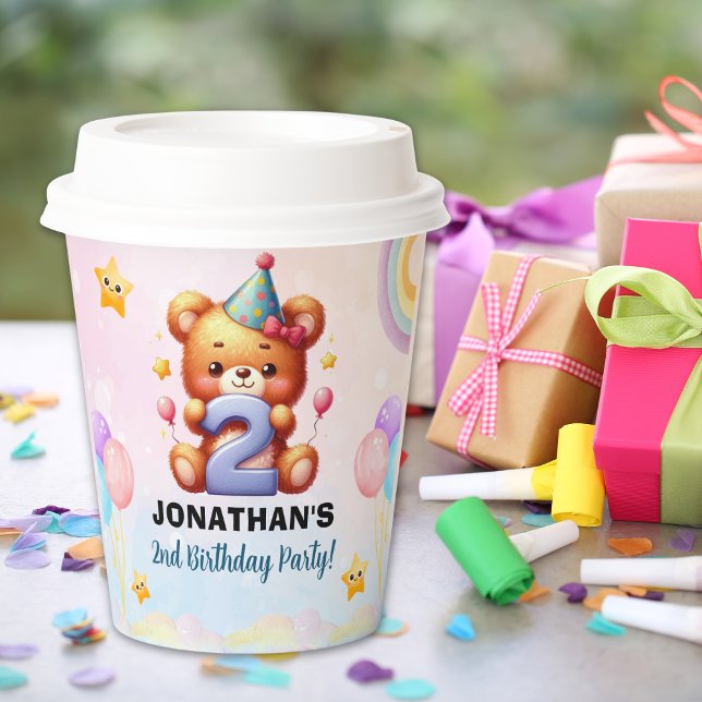 Cute Teddy Bear 2nd Birthday | Rainbow & Balloons  Paper Cups (Creator Uploaded)