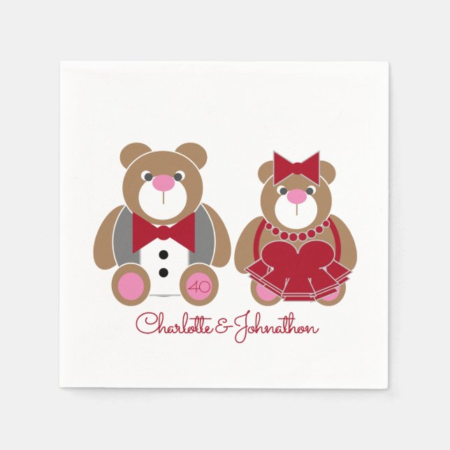 Cute teddy bear 40th ruby wedding anniversary napkin (Front)